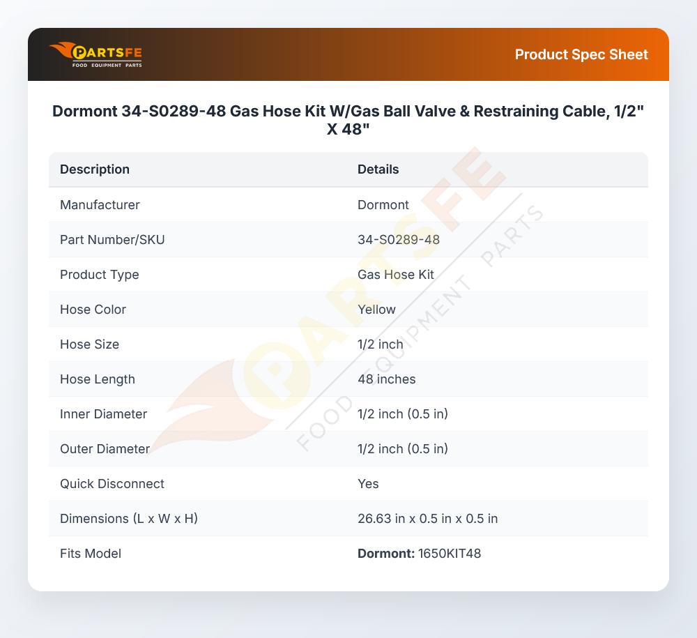 Dormont 34-S0289-48 Gas Hose Kit W/Gas Ball Valve & Restraining Cable, 1/2" X 48"