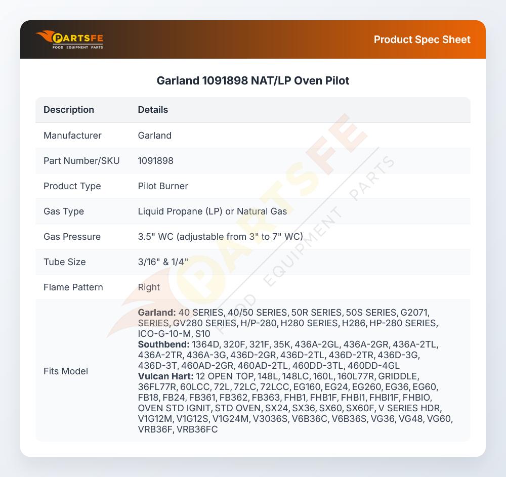 Garland 1091898 NAT/LP Oven Pilot