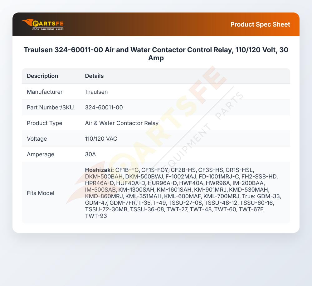 Traulsen 324-60011-00 Air and Water Contactor Control Relay, 110/120 Volt, 30 Amp