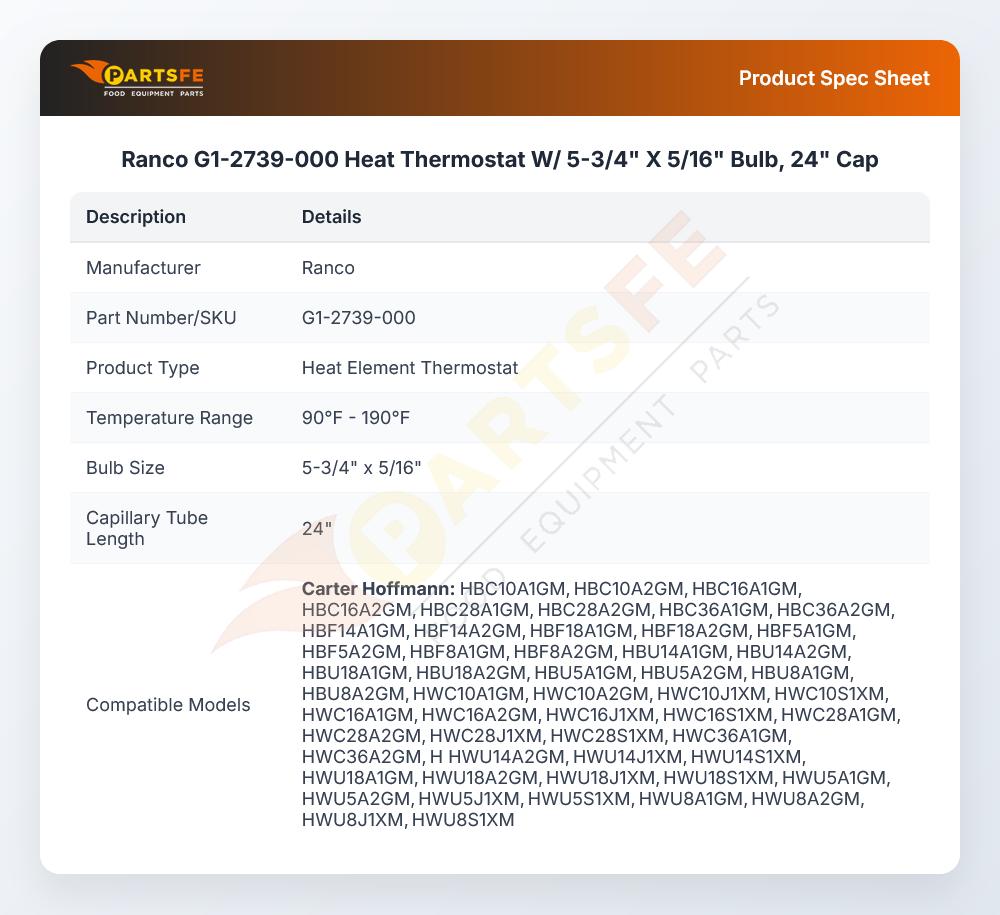 Ranco G1-2739-000 Heat Thermostat W/ 5-3/4" X 5/16" Bulb, 24" Cap