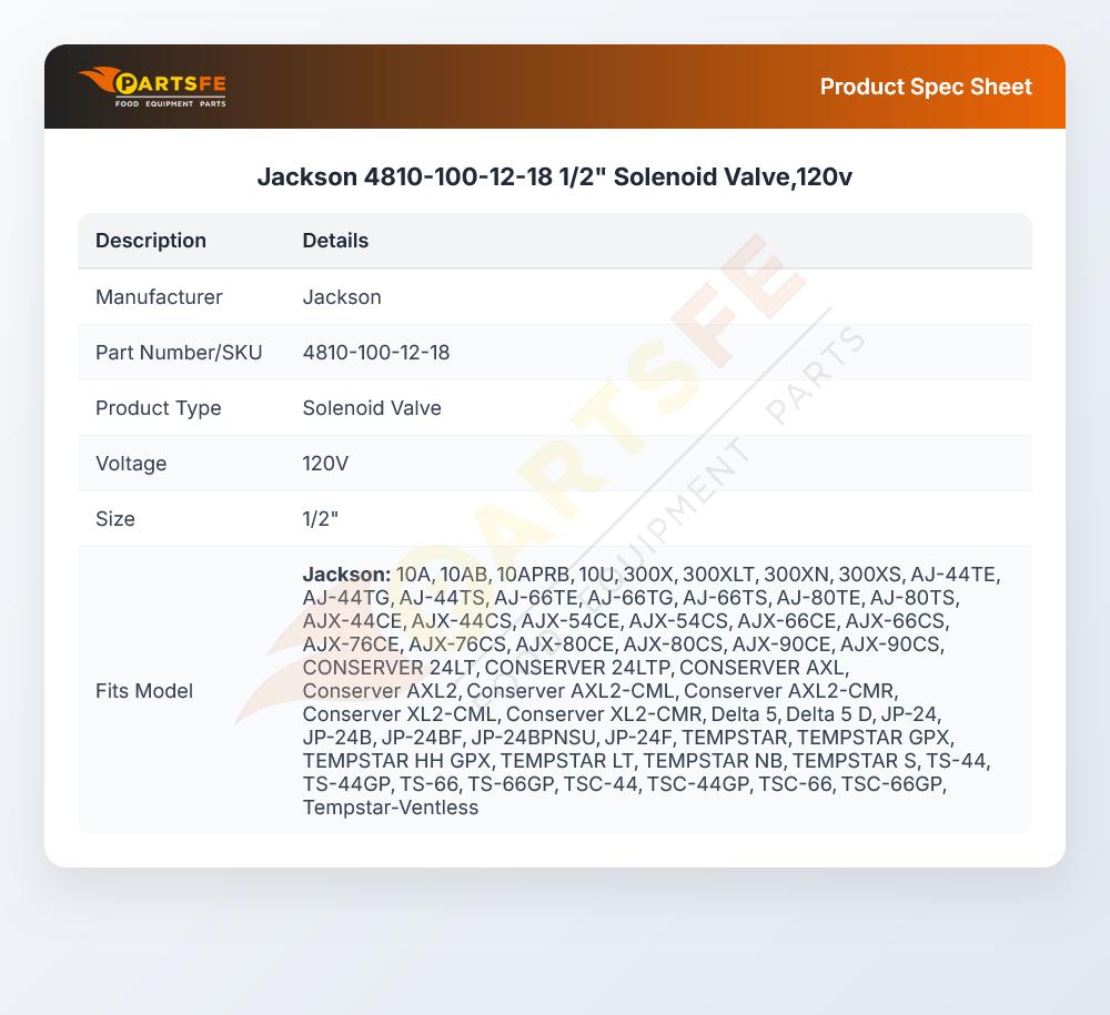 Jackson 4810-100-12-18 Dishwasher Solenoid Valve 1/2" 120V