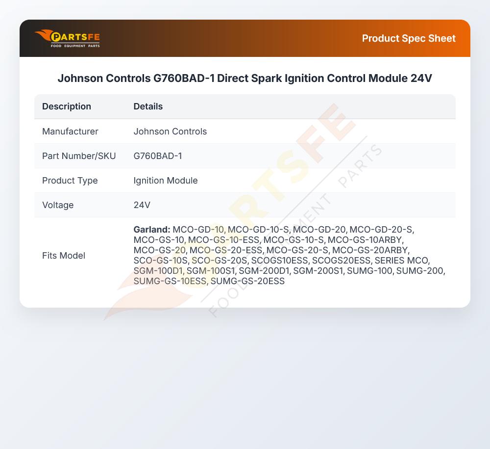 Johnson Controls G760BAD-1 Direct Spark Ignition Control Module 24V