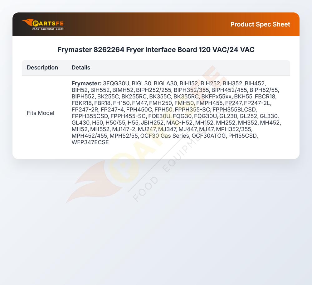 Frymaster 8262264 Fryer Interface Board 120 VAC/24 VAC