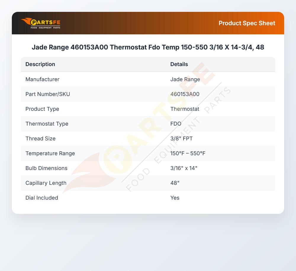 Jade Range 460153A00 Thermostat 150-550&deg;F