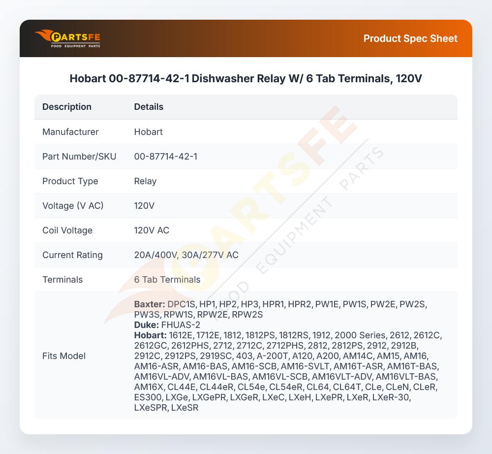 Hobart 00-87714-42-1 Dishwasher Relay W/ 6 Tab Terminals, 120V