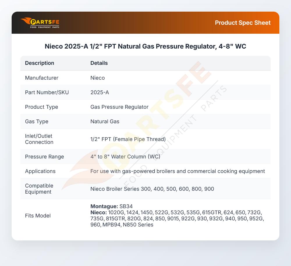Nieco 2025-A 1/2" FPT Natural Gas Pressure Regulator, 4-8" WC