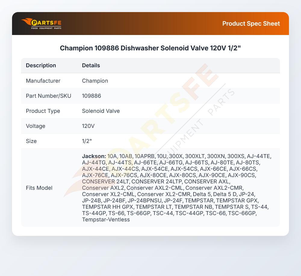 Champion 109886 Dishwasher Solenoid Valve 120V 1/2"
