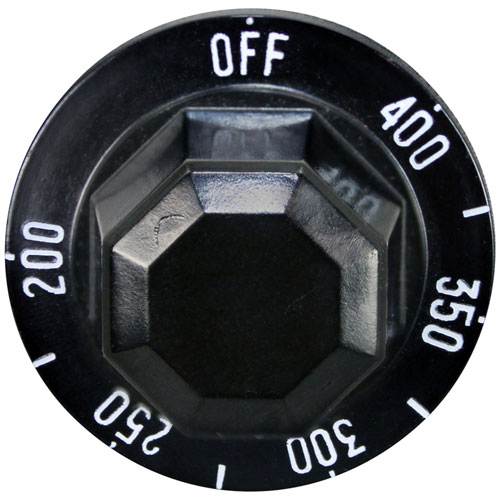 Hobart 408659-2 Black Thermostat Knob W/White Printed Numbers, 2" DIA, OFF-400-200F, Mount .187", Flat Down