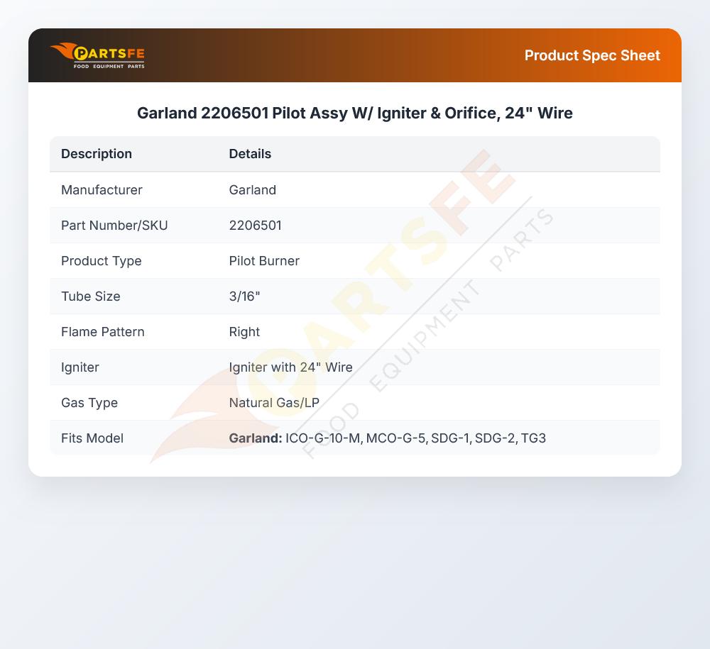Garland 2206501 Pilot Assy W/ Igniter & Orifice, 24" Wire