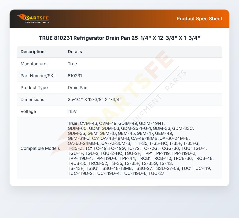 TRUE 810231 Refrigerator Drain Pan 25-1/4" X 12-3/8" X 1-3/4"