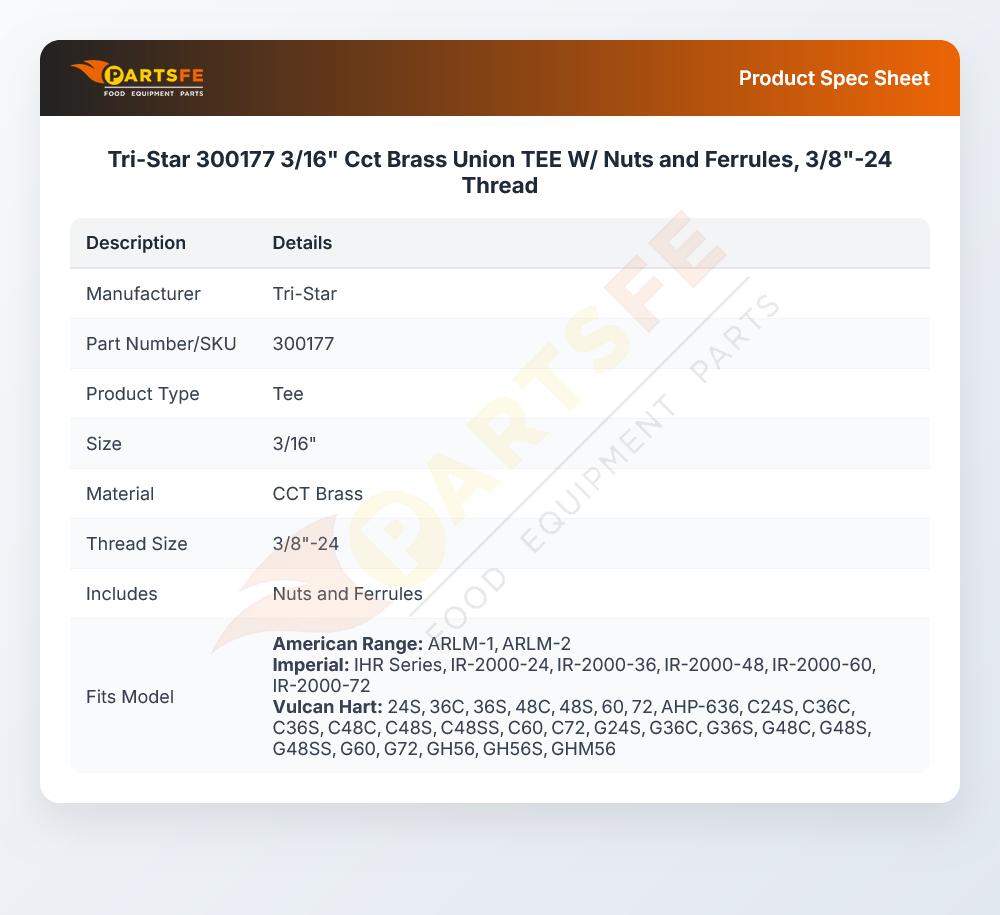 Tri-Star 300177 Tee Compression Fitting 3/16" CCT Brass