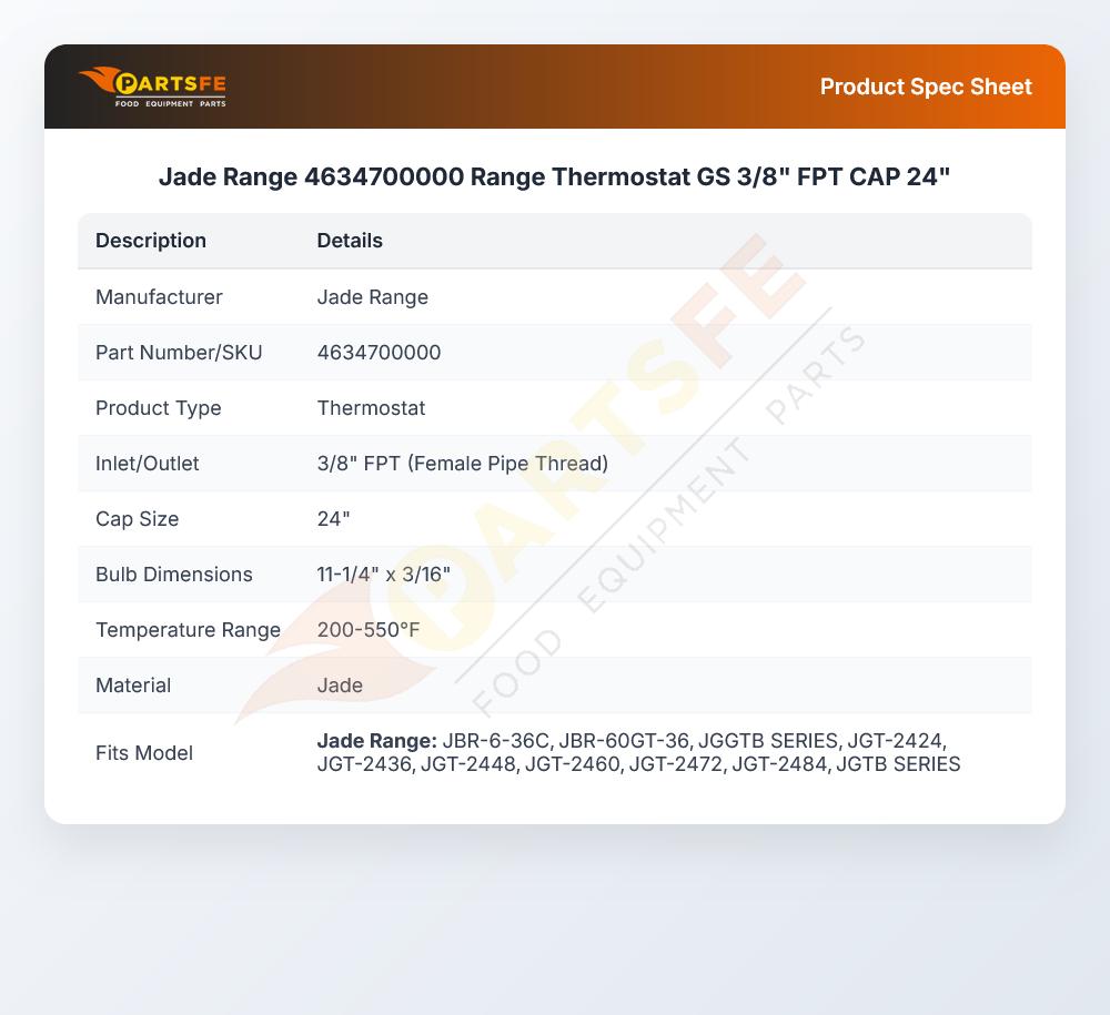 Jade Range 4634700000 Range Thermostat  GS 3/8" FPT CAP 24"