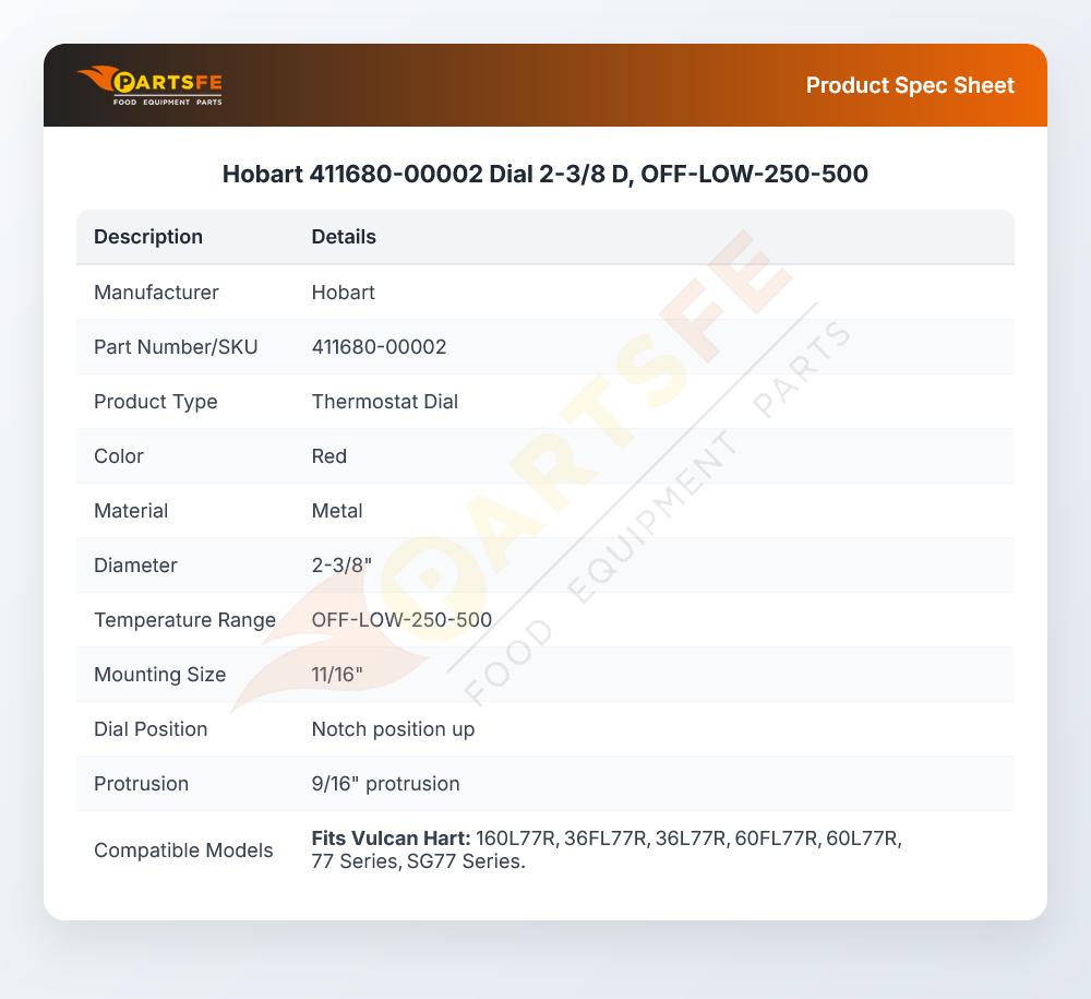 Hobart 411680-00002 Dial 2-3/8 D, OFF-LOW-250-500