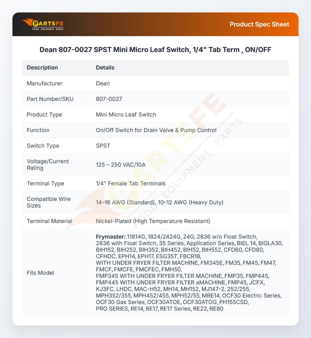 Dean 807-0027 SPST Mini Micro Leaf Switch, 1/4" Tab Term , ON/OFF