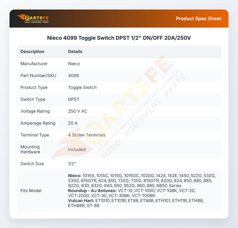 Nieco 4099 Toggle Switch 4 Screws 1/2" ON/OFF 20A 250V DPST