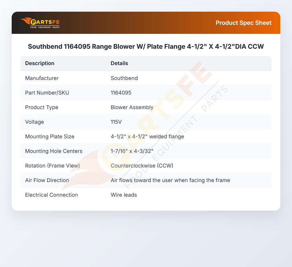 Southbend 1164095 Range Blower W/ Plate Flange 4-1/2" X 4-1/2"DIA CCW