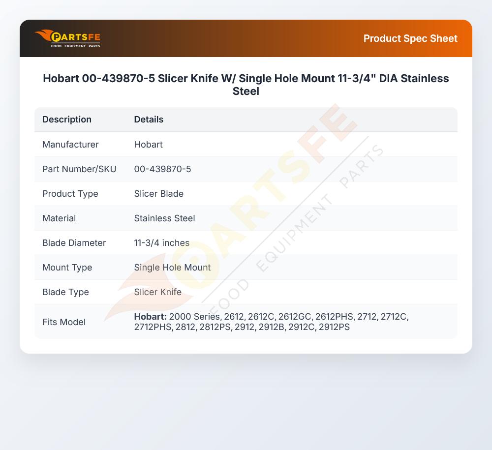 Hobart 00-439870-5 Slicer Knife W/ Single Hole Mount 11-3/4" DIA Stainless Steel