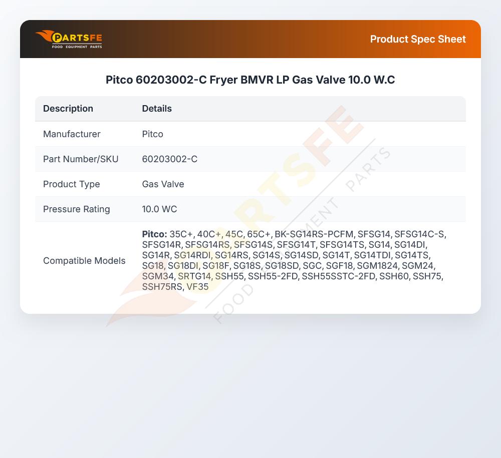 Pitco 60203002-C Fryer BMVR LP Gas Valve 10.0 W.C