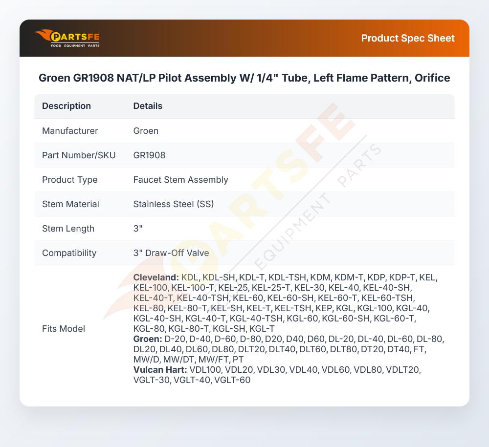 Groen GR1908 Stem Assembly 3" SS
