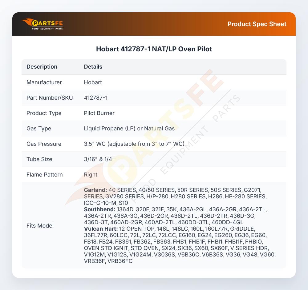 Hobart 412787-1 NAT/LP Oven Pilot
