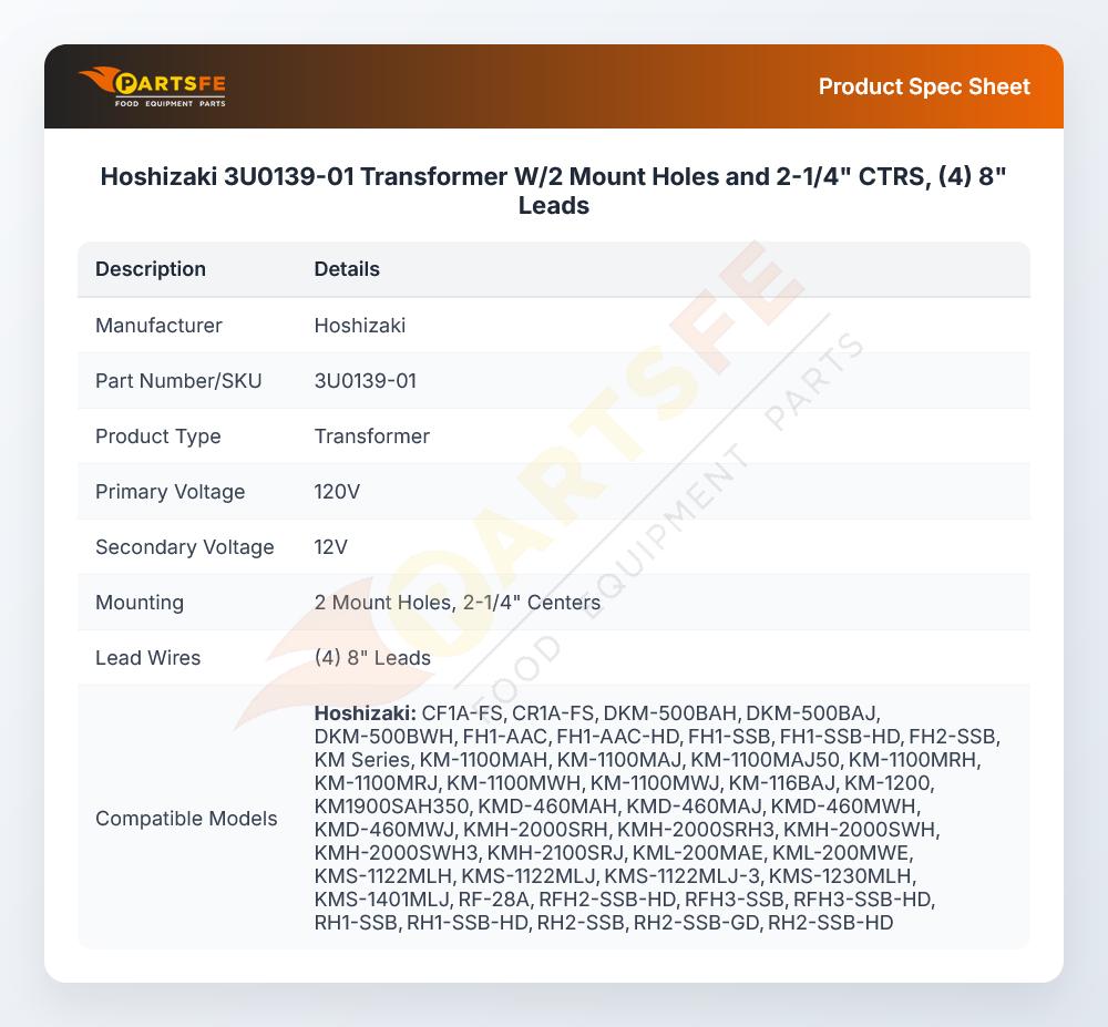 Hoshizaki 3U0139-01 Transformer W/2 Mount Holes and 2-1/4" CTRS, (4) 8" Leads