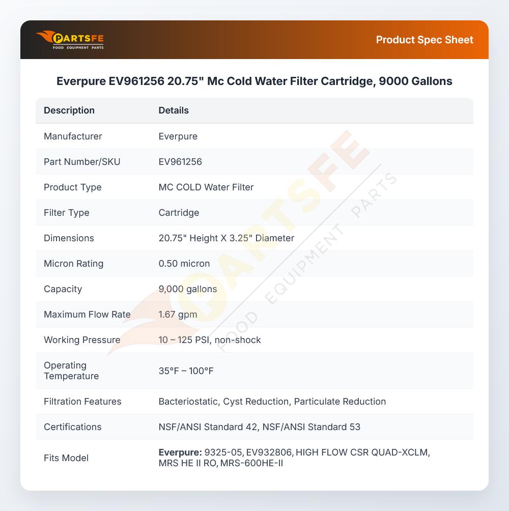 Everpure EV961256 20.75" Mc Cold Water Filter Cartridge, 9000 Gallons