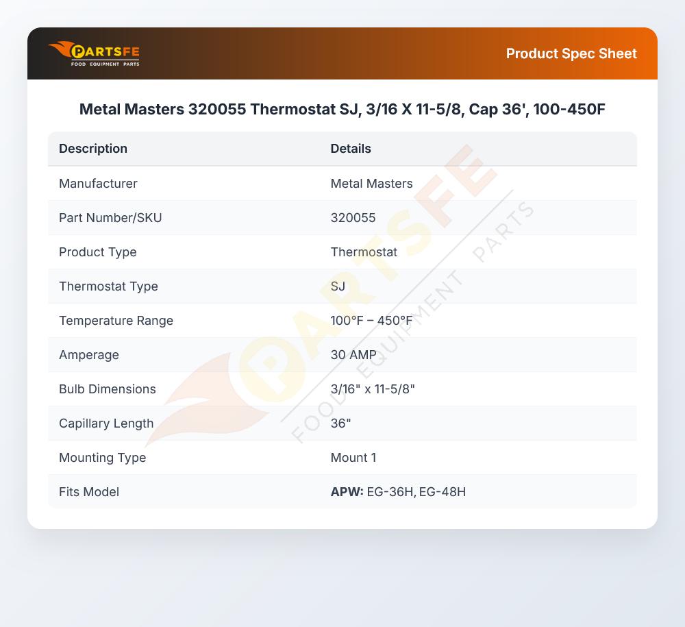 Metal Masters 320055 Thermostat SJ, 3/16 X 11-5/8, Cap 36', 100-450F