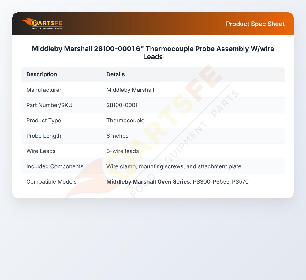 Middleby Marshall 28100-0001 6" Thermocouple Probe Assembly W/wire Leads