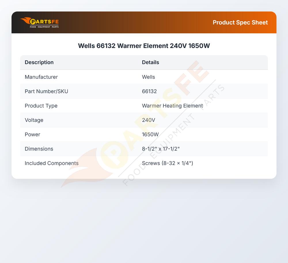 Wells 66132 Warmer Element 240V  1650W