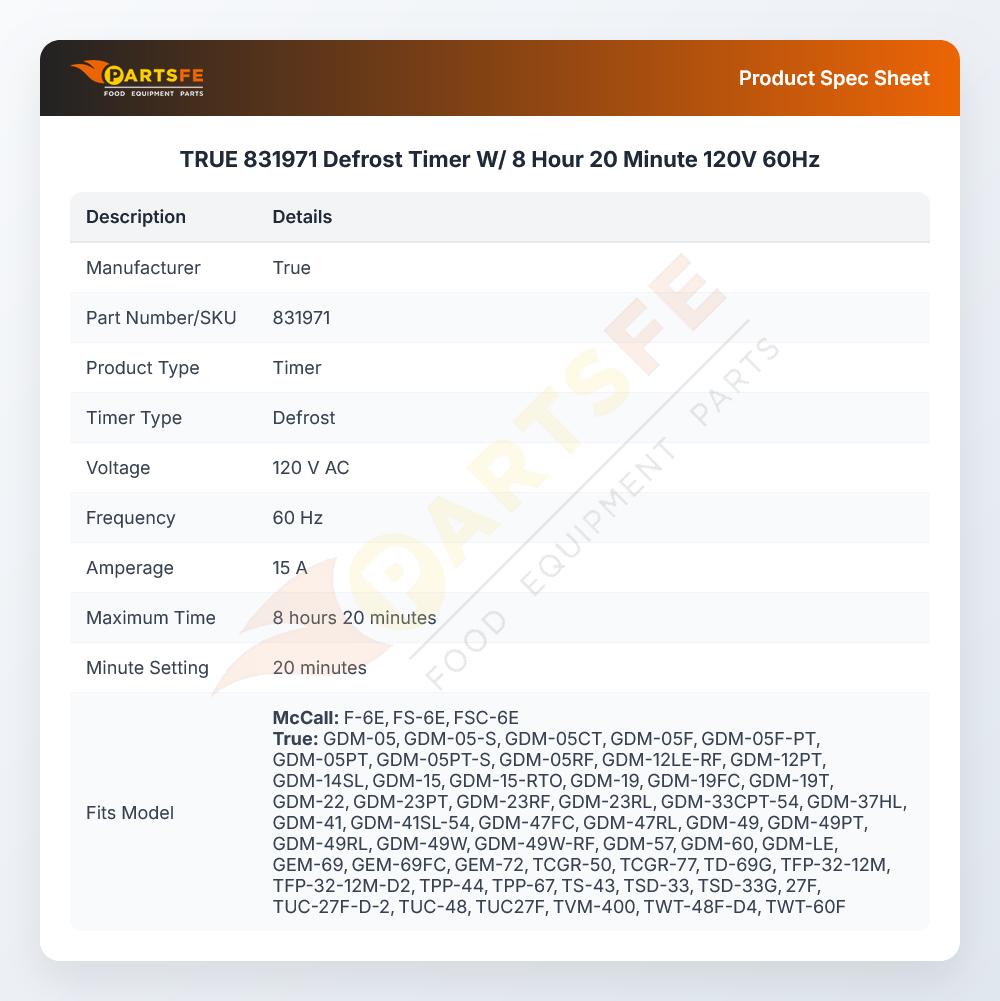 TRUE 831971 Defrost Timer W/ 8 Hour 20 Minute 120V 60Hz