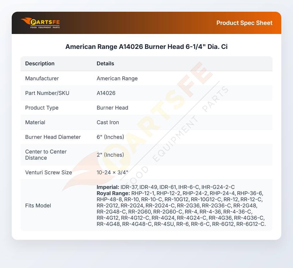 American Range A14026 Burner Head 6-1/4" Dia.  Ci