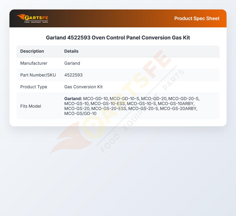 Garland 4522593 Oven Control Panel Conversion Gas Kit