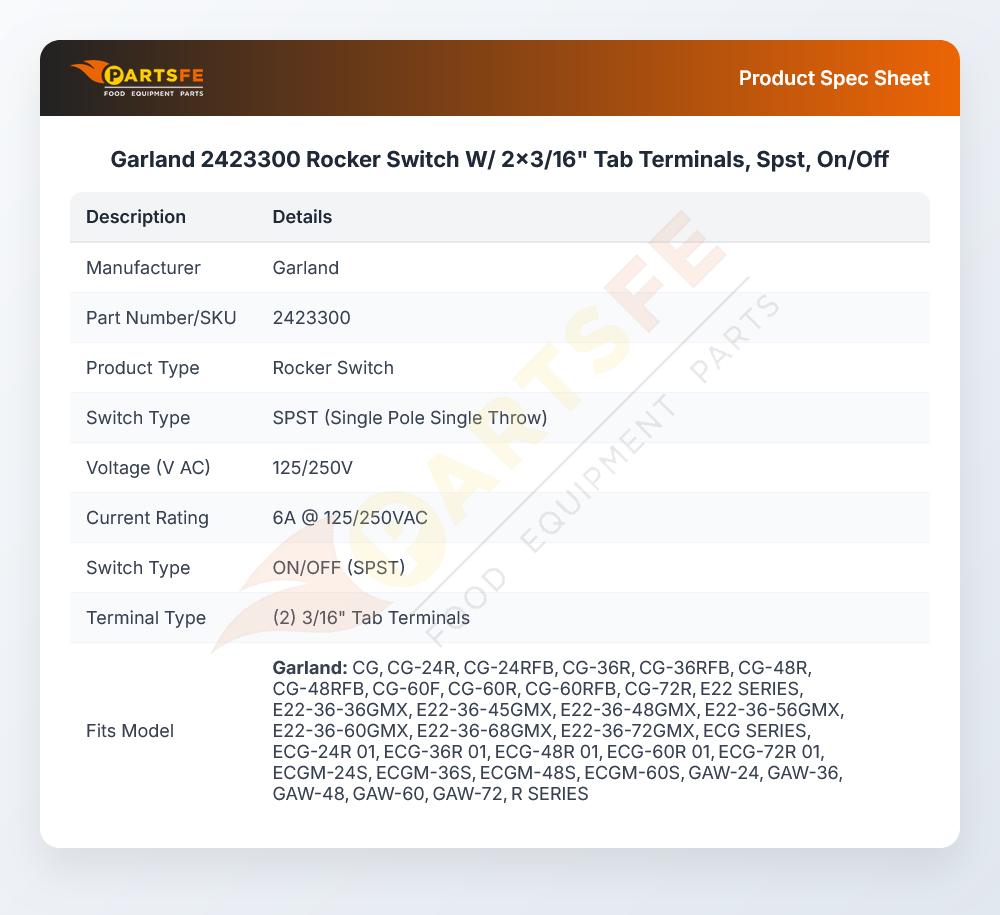 Garland 2423300 Rocker Switch W/ 2x3/16" Tab Terminals, Spst, On/Off