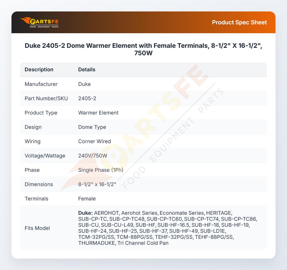 Duke 2405-2 Dome Warmer Element with Female Terminals, 8-1/2" X 16-1/2", 750W