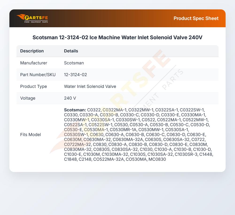 Scotsman 12-3124-02 Ice Machine Water Inlet Solenoid Valve 240V