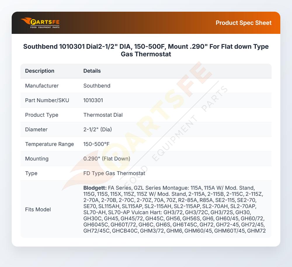Southbend 1010301 Dial2-1/2" DIA, 150-500F, Mount .290" For Flat down Type Gas Thermostat