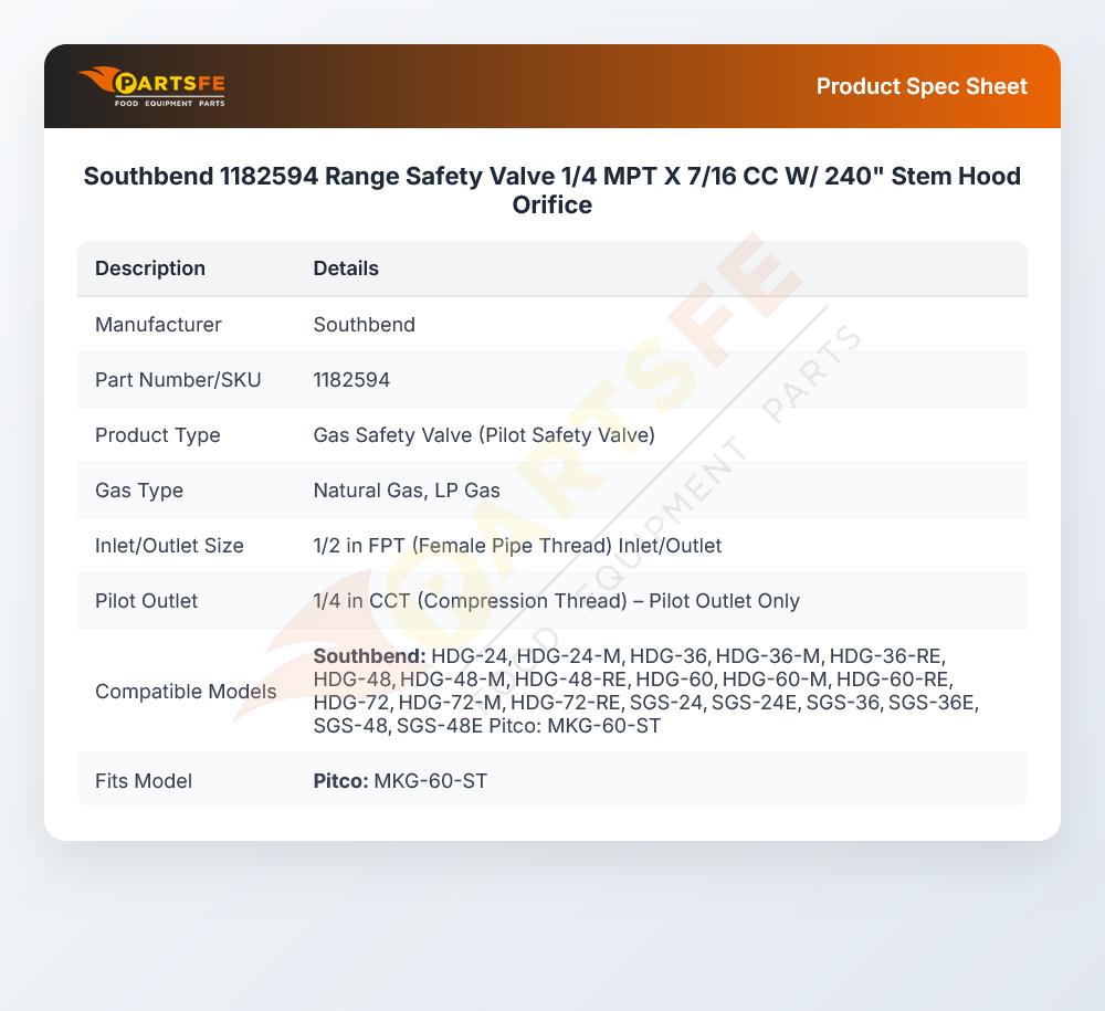 Southbend 1182594 Range Safety Valve 1/4 MPT X 7/16 CC W/ 240" Stem Hood Orifice