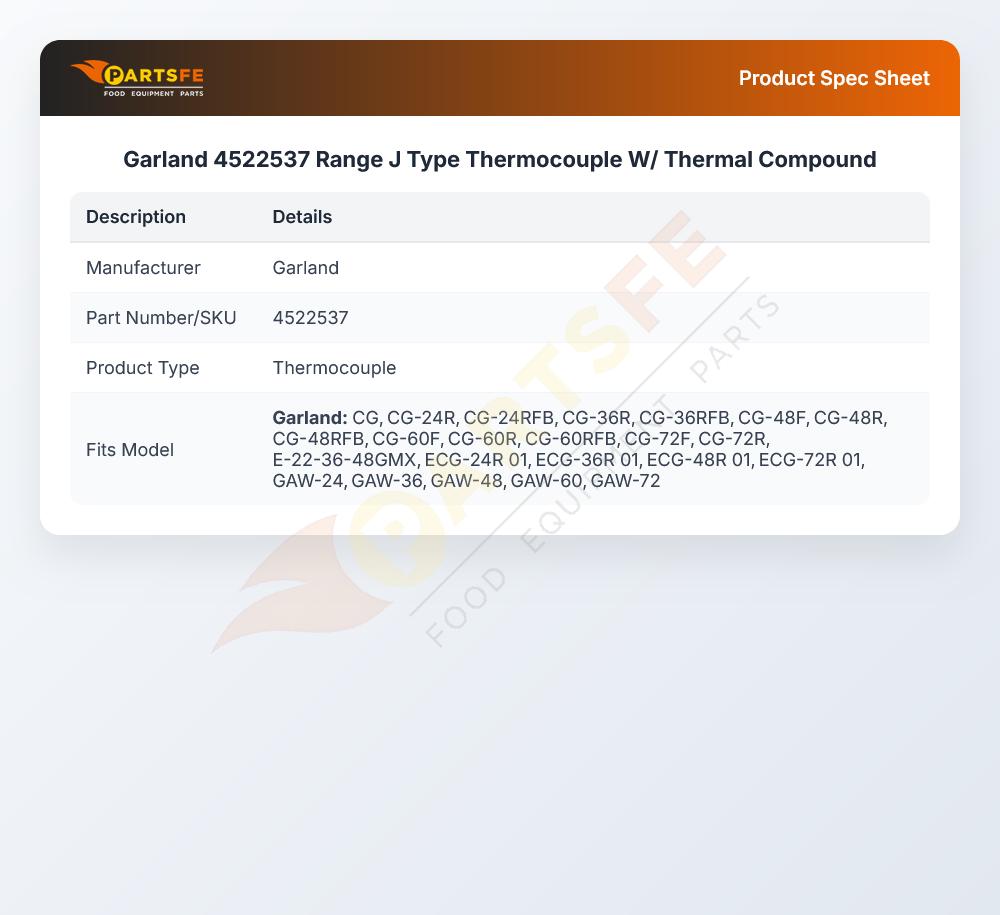 Garland 4522537 Range J Type Thermocouple W/ Thermal Compound
