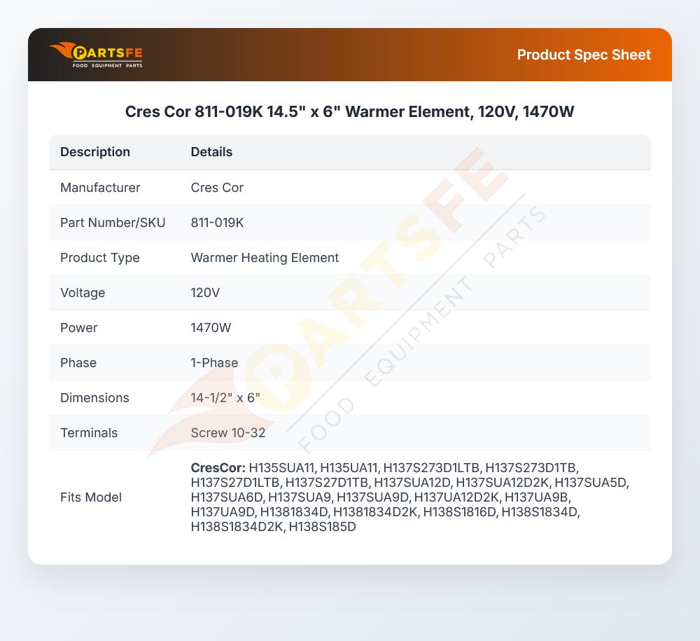 Cres Cor 811-019K 14.5" x 6" Warmer Element, 120V, 1470W