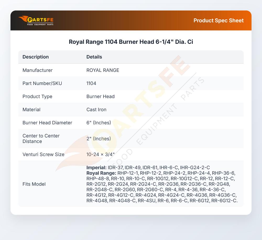 Royal Range 1104 Burner Head 6-1/4" DIA Cast Iron