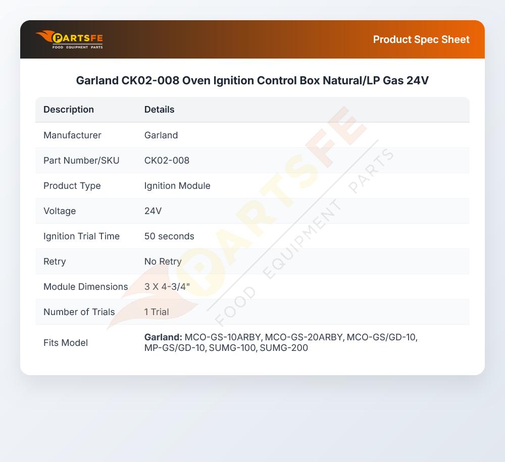 Garland CK02-008 Oven Ignition Control Box Natural/LP Gas 24V
