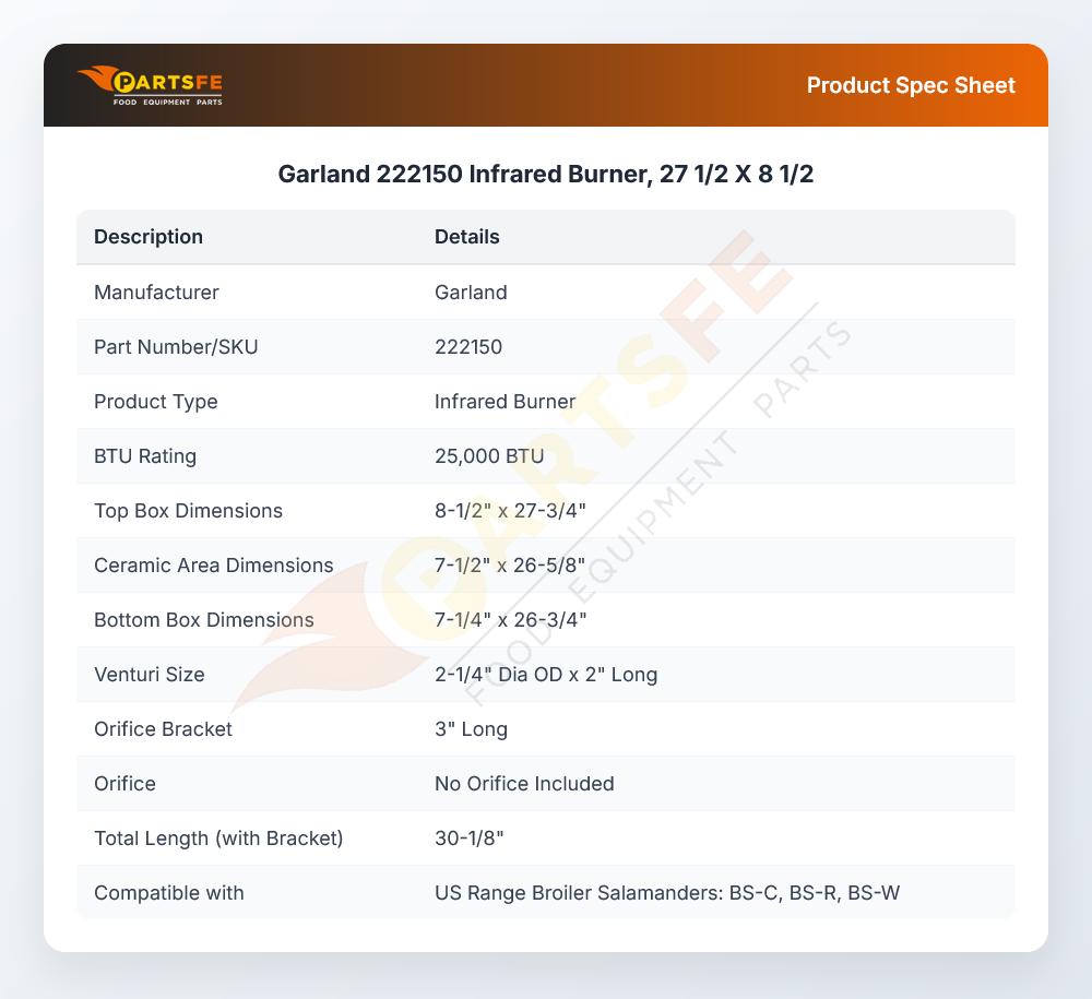 Garland 222150 Infrared Burner 27-1/2" X 8-1/2"