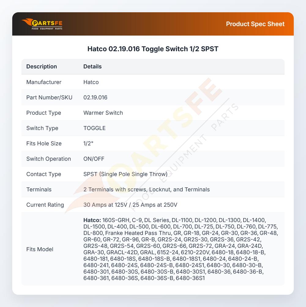 Hatco 02.19.016 Toggle Switch 1/2 SPST
