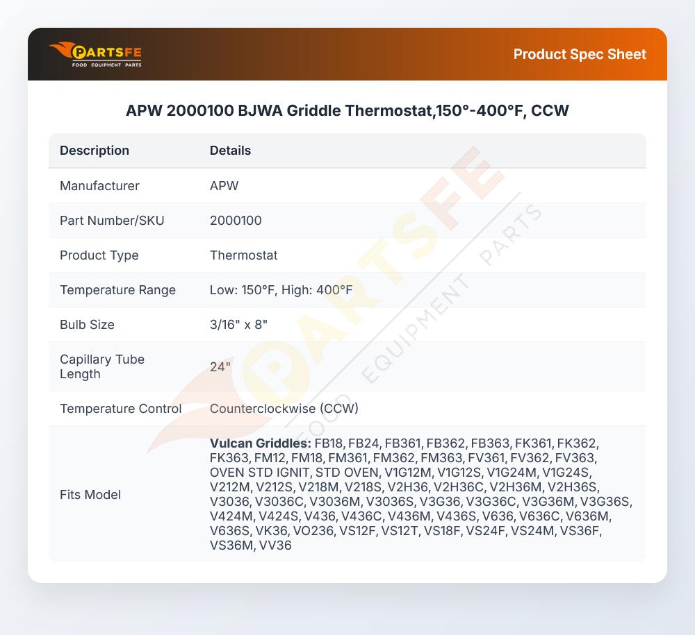 APW 2000100 Thermostat BJWA 150&deg;-400&deg;F CCW