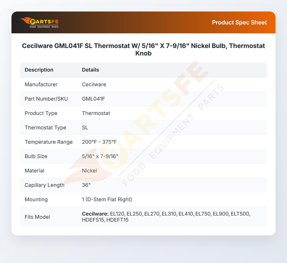 Cecilware GML041F SL Thermostat W/ 5/16" X 7-9/16" Nickel Bulb, Thermostat Knob
