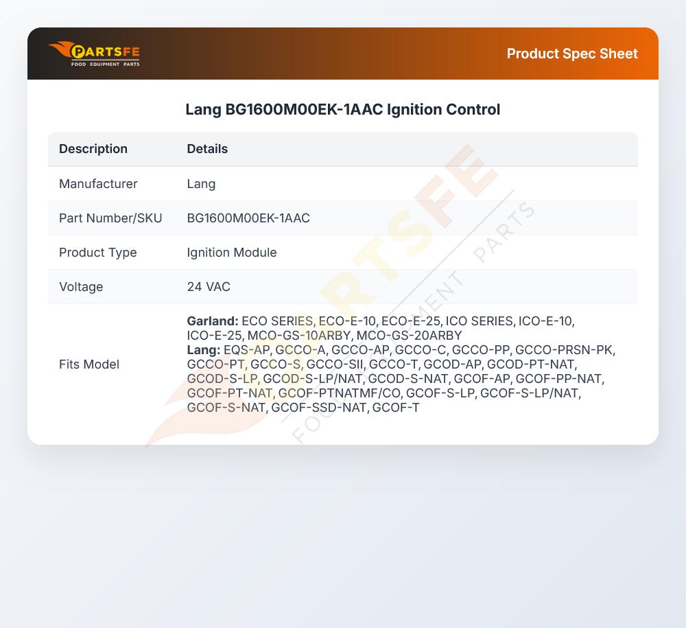 Lang BG1600M00EK-1AAC Ignition Control