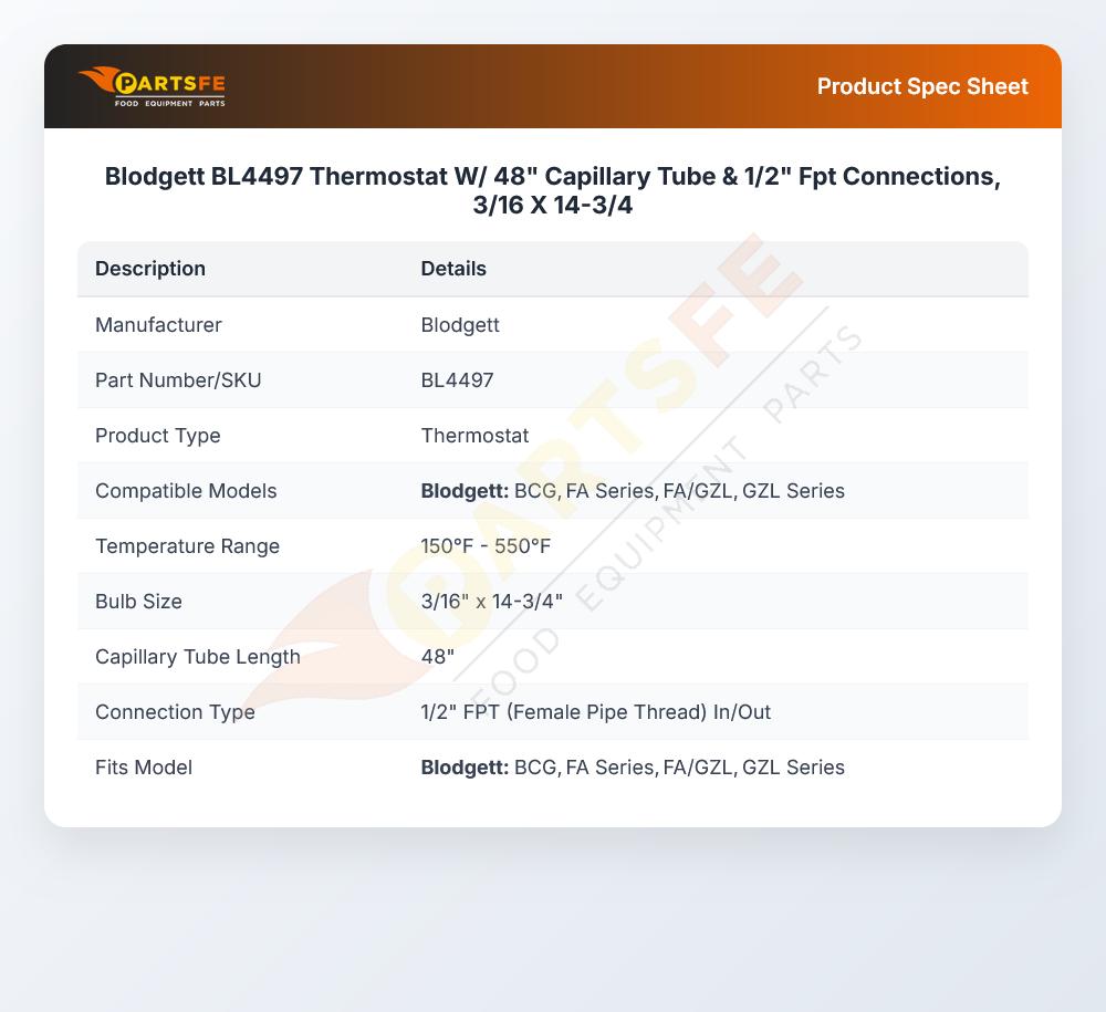 Blodgett BL4497 Thermostat 1/2" FPT 48" CAP 3/16" X 14-3/4"