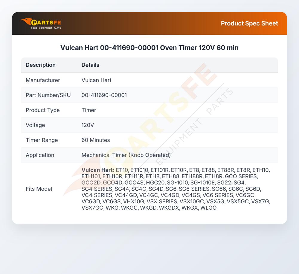 Vulcan Hart 00-411690-00001 Oven Timer 120V 60 min