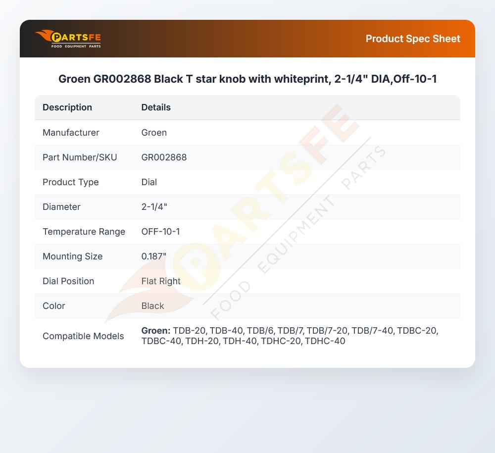 Groen GR002868 Black T star knob with whiteprint, 2-1/4" DIA,Off-10-1