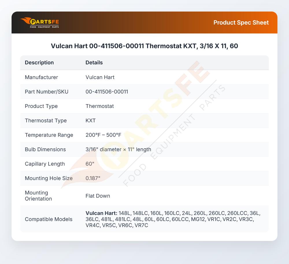 Vulcan Hart 00-411506-00011 Range Thermostat KXT 3/16" X 11" 60" CAP
